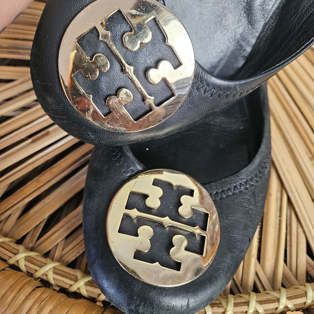 Tory Burch Minnie Ballet Flats 9.5 Black‎ Gold - Fair - Picture 3 of 12